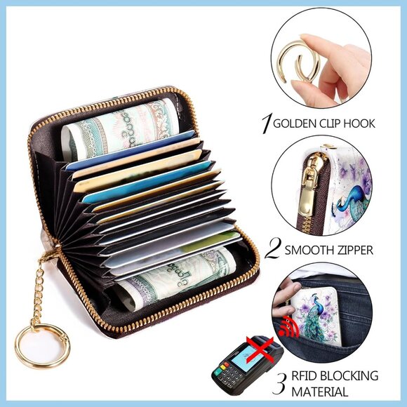 Credit Card Holder for Women, Peacock Small RFID Blocking Wallet with Wristlet S - Picture 6 of 6